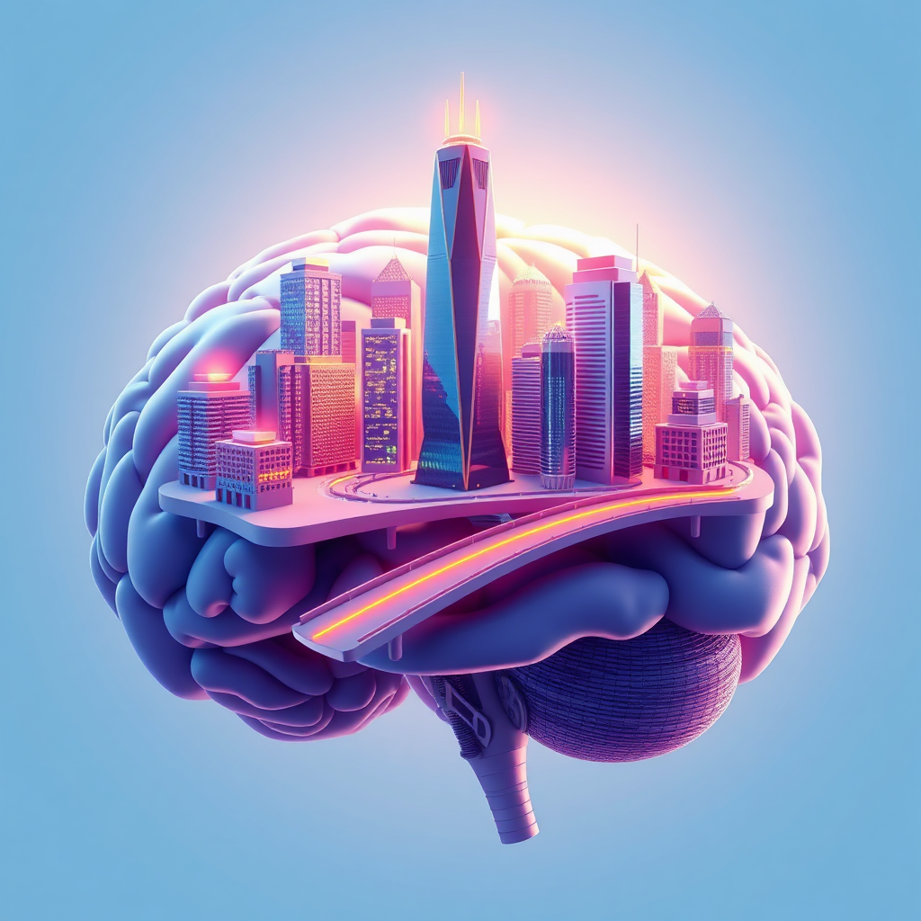 Visualize a futuristic cityscape built within the human brain, with skyscrapers representing different cognitive functions. The 'Genius Bridge' is a highway connecting these structures. The overall mood is optimistic and forward-thinking. Color palette: primarily blues and purples, with bright accents of white and gold. Technical specs: 8K resolution, stylized rendering.