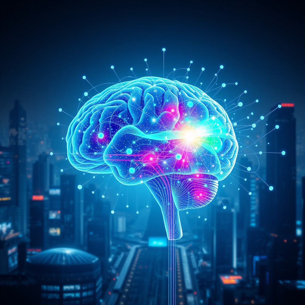 Visualize an abstract 'innovation algorithm' as a flowing stream of data cascading through a stylized human brain. Use a vibrant color palette with blues, greens, and purples to represent different data types. The background is a futuristic cityscape suggesting technological advancement. Render in 8K resolution, hyperrealistic.