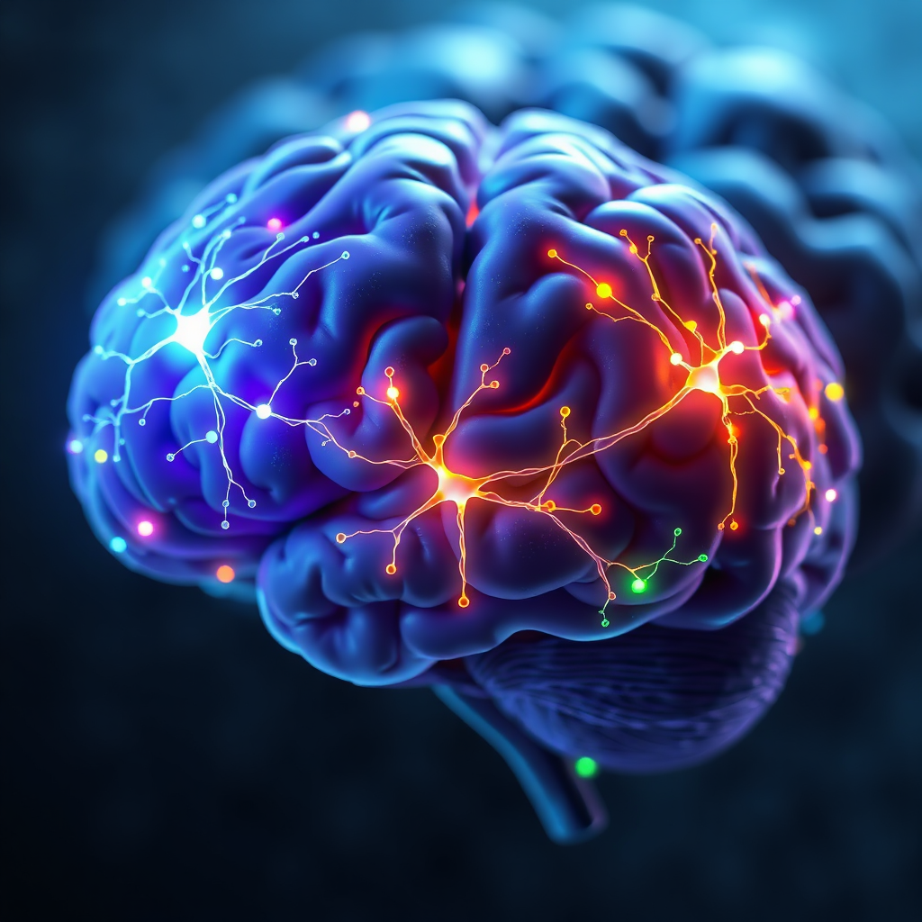 Visualize two distinct regions of the brain connected by a vibrant, glowing bridge made of interconnected neurons. Focus on showing the active communication between these regions. The background is a representation of the entire brain, softly lit. Color palette: primarily blues and purples, with bright accents of gold and green. Technical specs: 8K resolution, photorealistic.