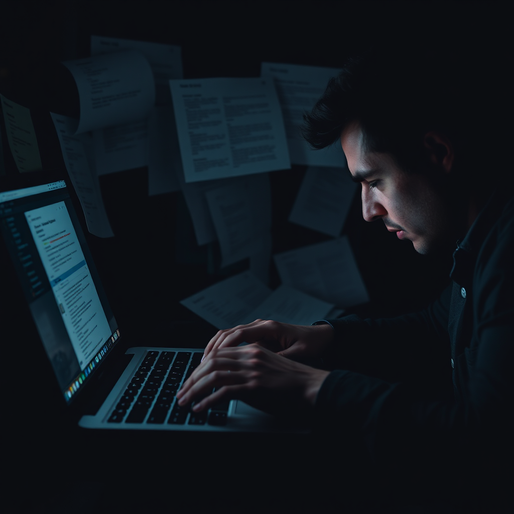 Person typing frantic emails late at night