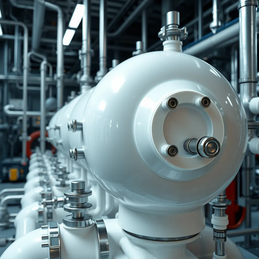 A close-up shot of a gleaming, white glasslined reactor with intricate piping and valves, highlighting the smooth, durable glass lining. The reactor should be set against a backdrop of a modern chemical plant with industrial machinery and piping. The lighting should be bright and focused, emphasizing the quality and detail of the reactor's construction.