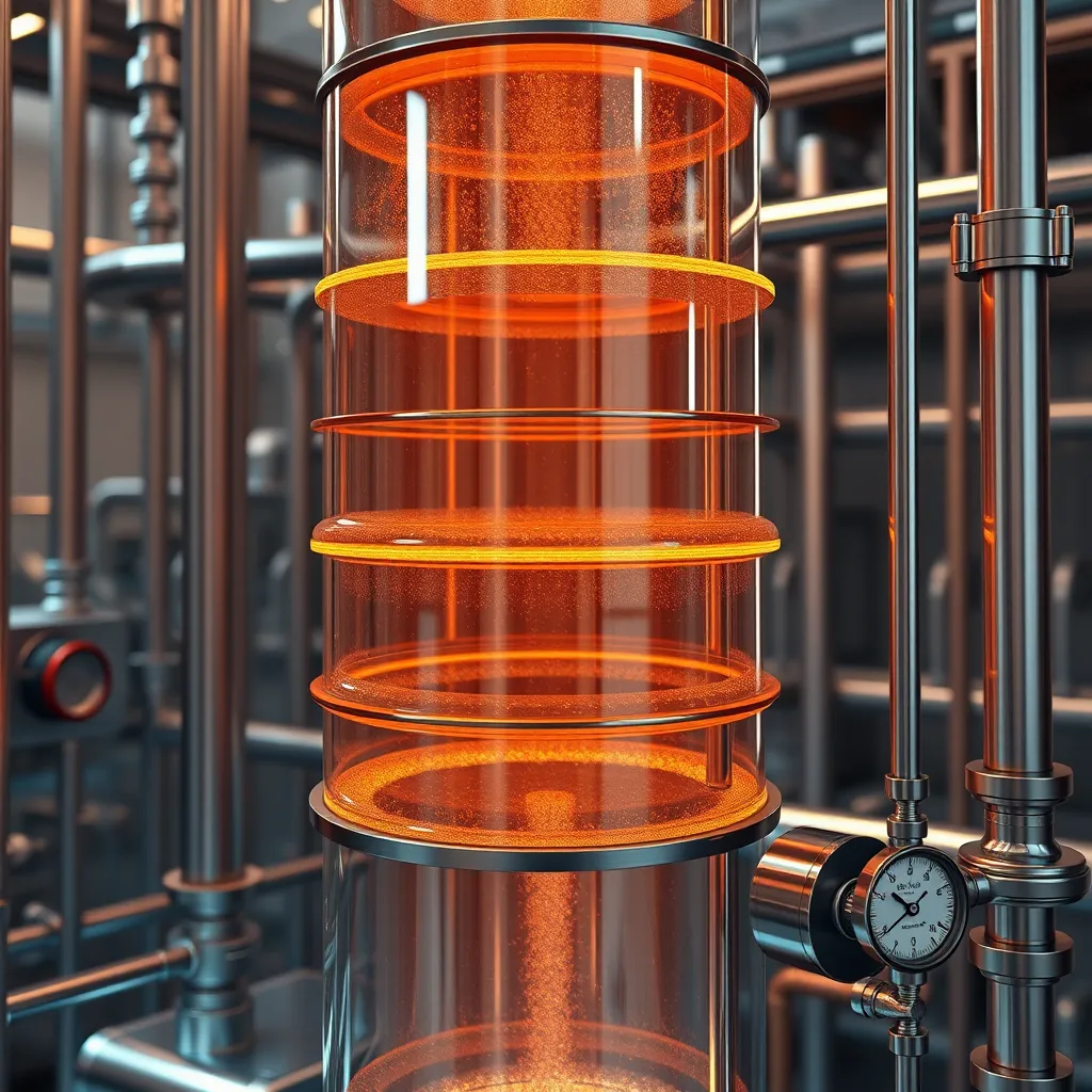 A detailed illustration of a distillation column with multiple trays, showing the flow of liquid and vapor through the column. The image should emphasize the precise temperature and pressure gauges and control valves, highlighting the system's ability to optimize process efficiency.