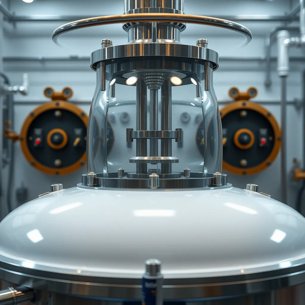  A detailed image of a glasslined reactor, showcasing its seamless construction, robust design, and durable glass lining. The image should depict the reactor in a clean and well-lit environment, highlighting its smooth surface, intricate details, and overall high-quality craftsmanship. The image should convey a sense of precision and robustness, highlighting the exceptional corrosion resistance and temperature tolerance of the reactor.