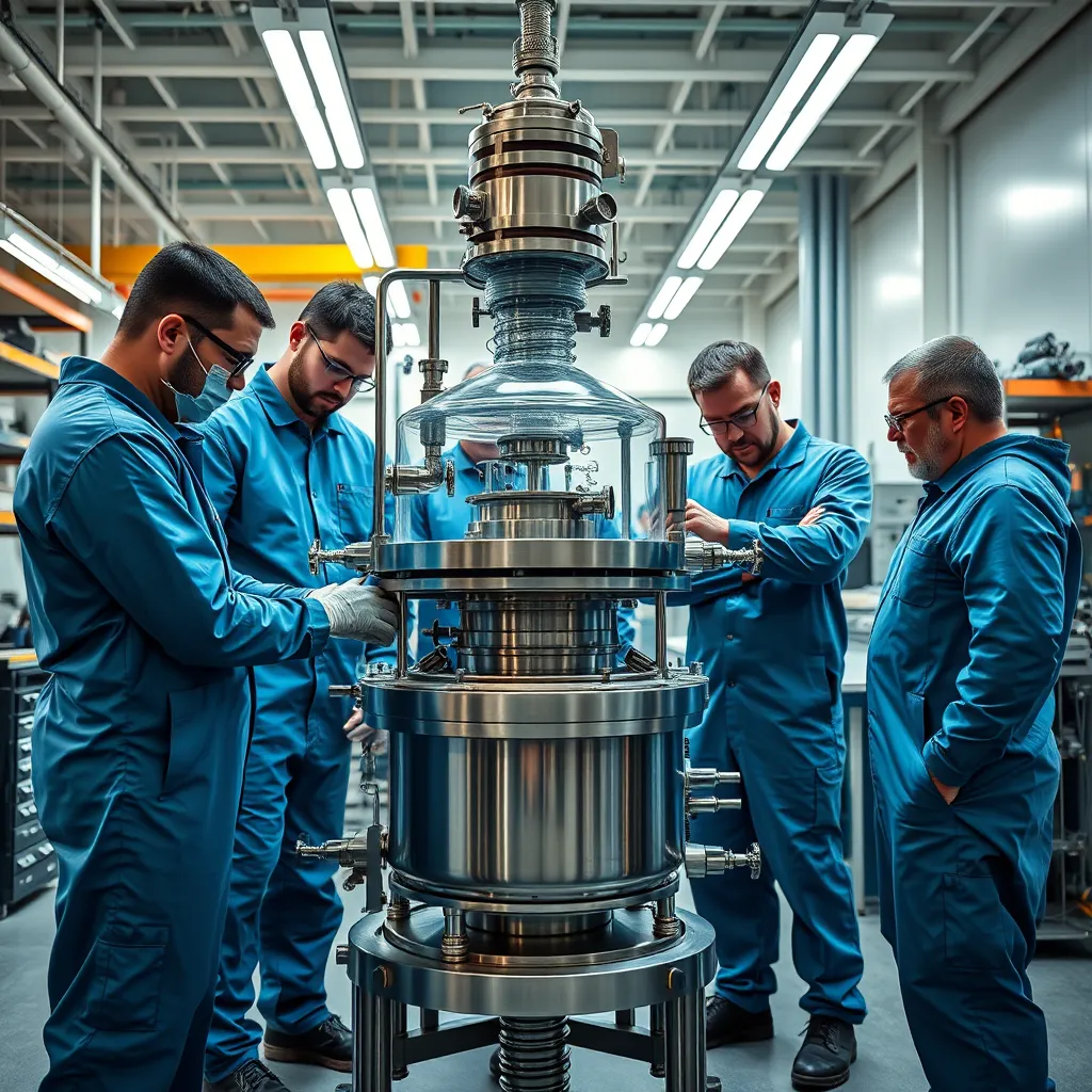 A group of engineers and technicians working together in a clean, modern workshop. They should be focused on inspecting and assembling a complex glasslined reactor, highlighting the precision and expertise involved in our equipment manufacturing. The image should convey a sense of collaboration, dedication, and technical prowess.