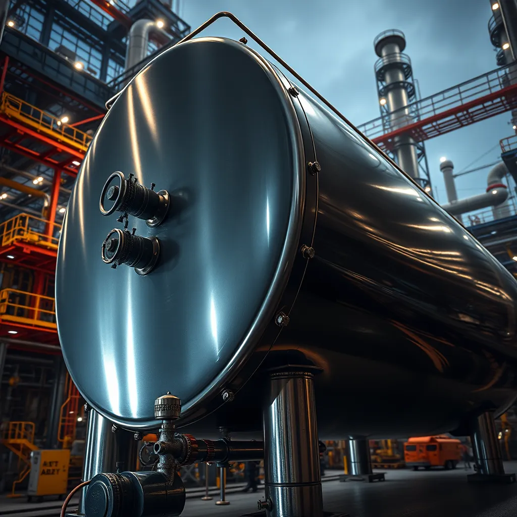 A hyperrealistic image of a large, cylindrical receiver tank, positioned against a backdrop of a vibrant chemical plant. The tank should be made of gleaming stainless steel, with intricate details of the tank's structure, piping, and valves visible.  The image should be captured from a low angle, showcasing the tank's imposing scale and emphasizing its sturdy construction. Dramatic side lighting creates a strong contrast between light and shadow, highlighting the tank's metallic sheen and the intricate details of its structure.  The background features bustling activity in the chemical plant, conveying a sense of dynamism and efficiency. The overall mood should be one of confidence and reliability.