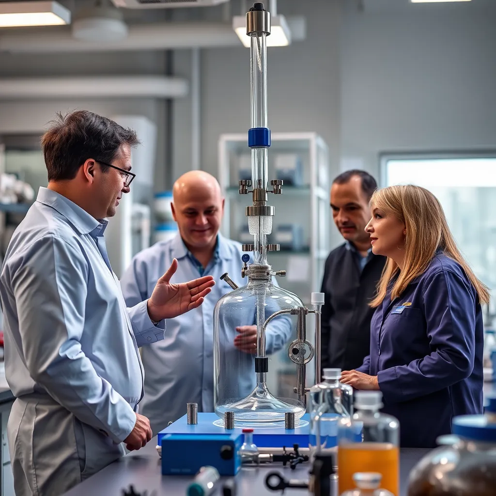  A scene depicting a team of professionals in a laboratory setting, collaborating with a client to discuss a custom-designed glasslined reactor. The image should showcase a friendly and professional atmosphere, with the team actively engaging with the client, explaining technical details and answering their questions. The image should convey a sense of trust and expertise, emphasizing the personalized support provided by the team.