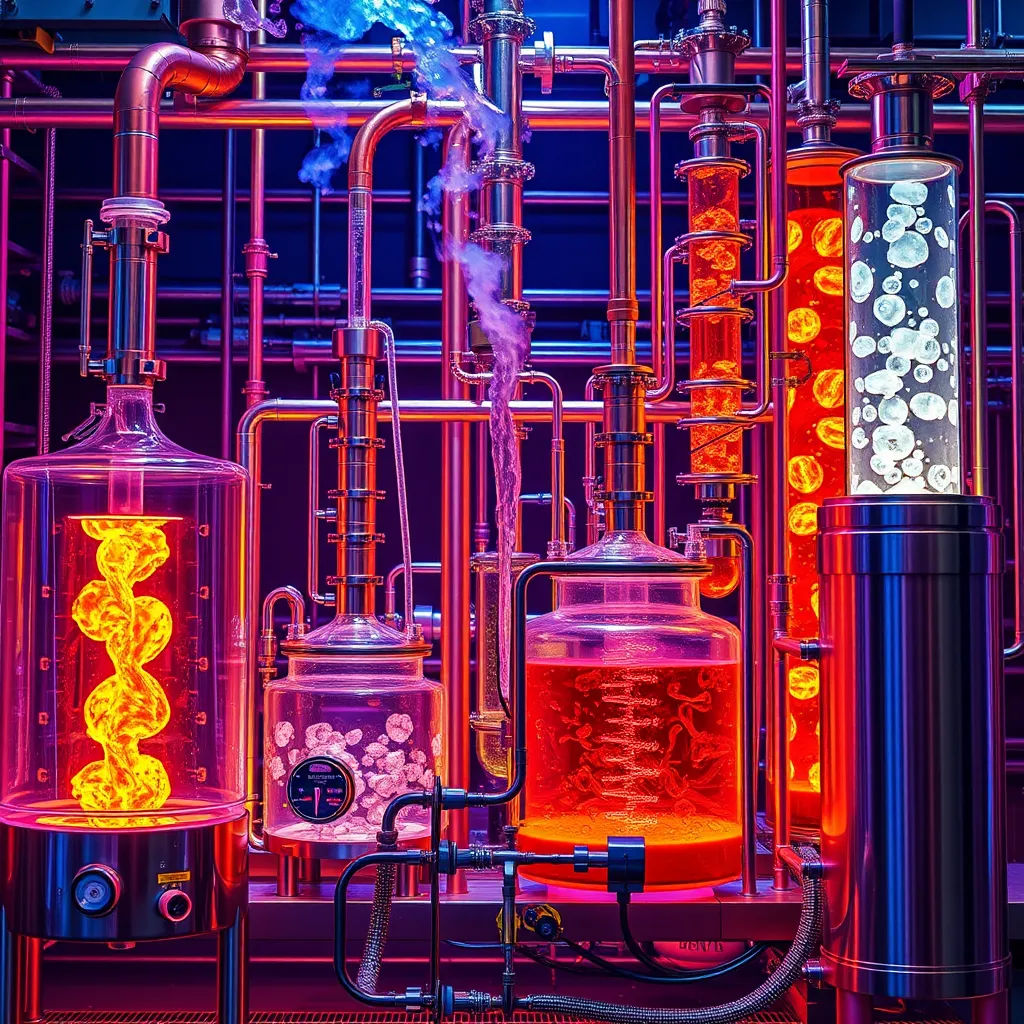 A vibrant image showcasing a variety of our process equipment in action, including a glasslined reactor, a lab reactor, a distillation column, and a heat exchanger. The image should capture a dynamic and efficient process flow with different fluids flowing through the equipment, showcasing the versatility and adaptability of our products.