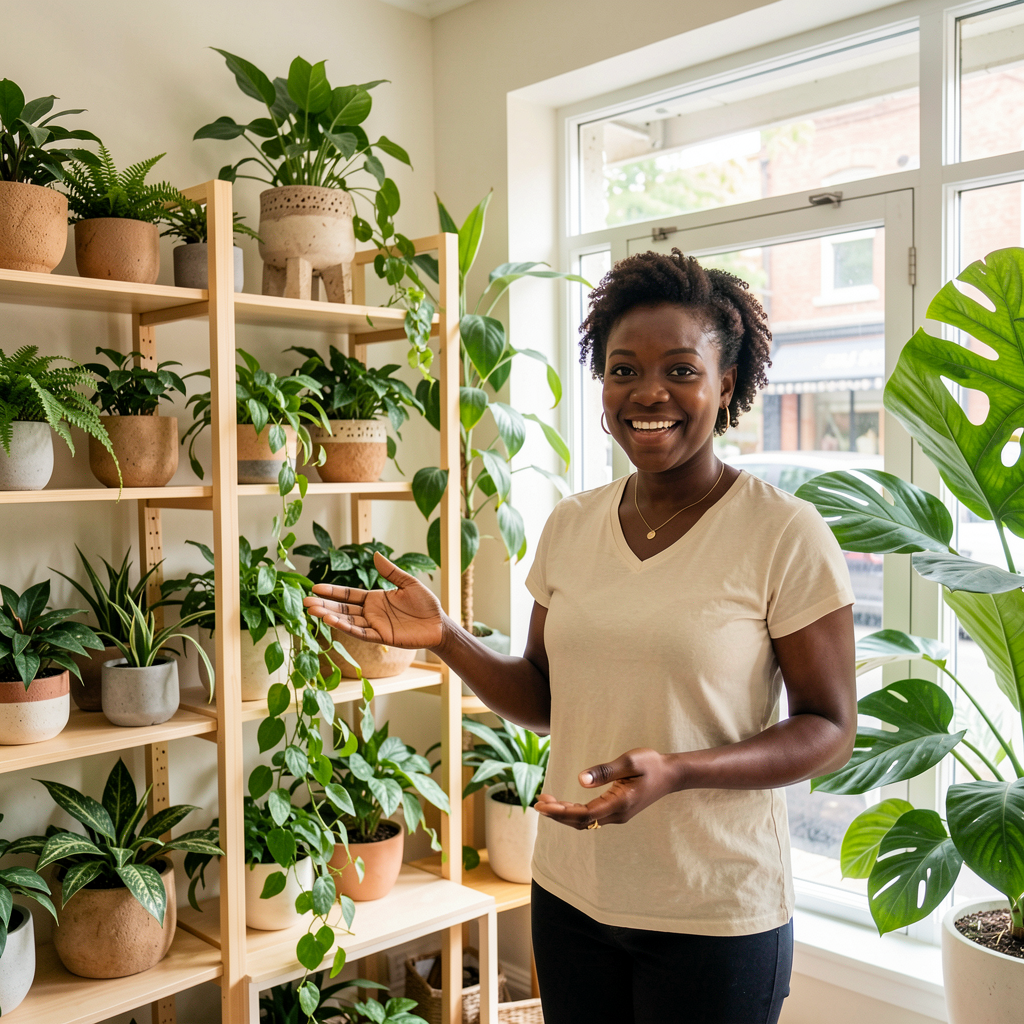 Plant shop owner introducing her store