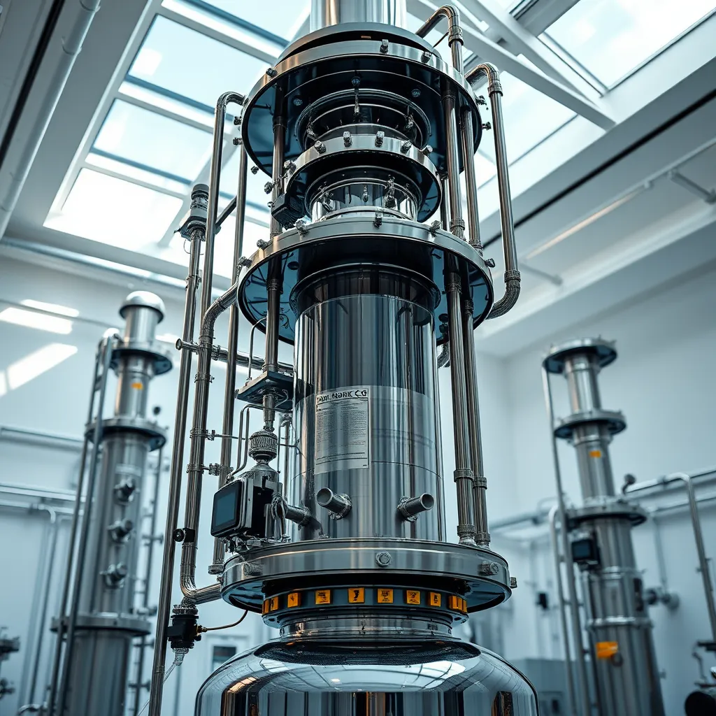 An ultra-detailed, 8K resolution image of a complex distillation column in a well-lit, industrial setting. The column should be the focal point, with its intricate structure, multiple stages, and sophisticated instrumentation clearly visible. Natural light streams in from a skylight, casting soft, diffused lighting across the scene. The column's surface should reflect the surrounding environment, highlighting the advanced technology and precision engineering. The background features a clean, sterile laboratory, conveying a sense of scientific rigor and innovation. The image should be in a style reminiscent of a high-end industrial design magazine, showcasing the distillation column's aesthetic appeal and technological sophistication.