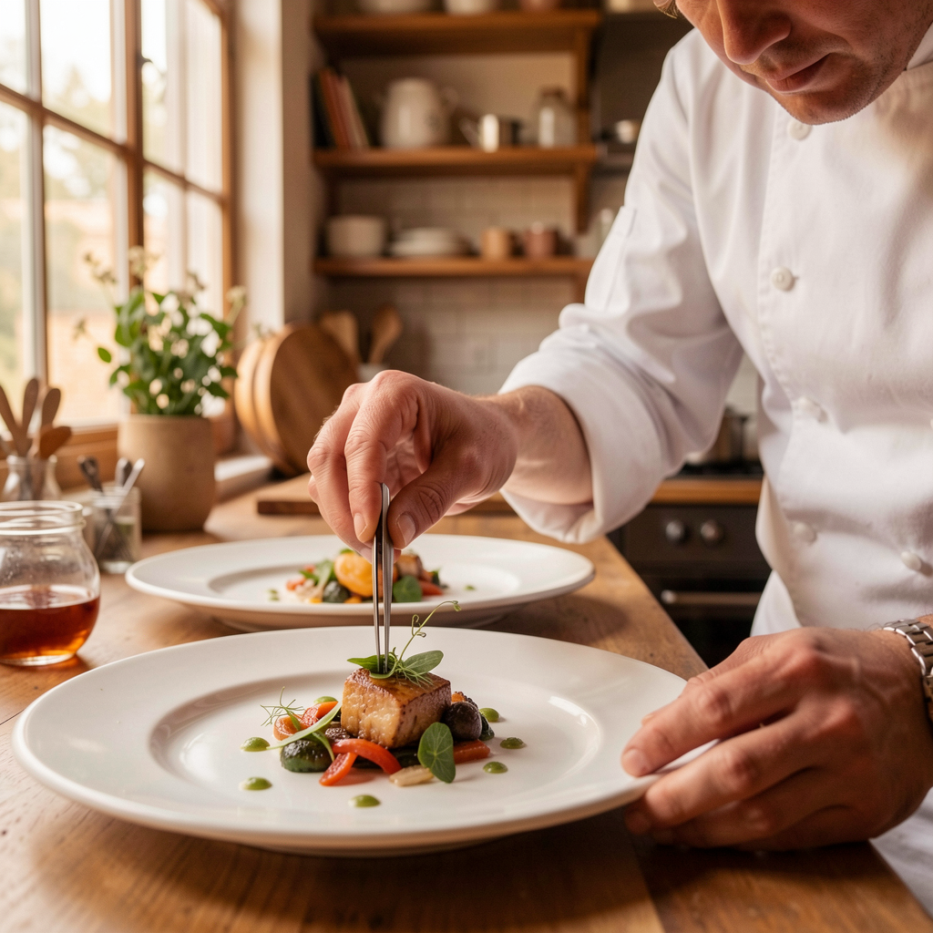 Chef plating food