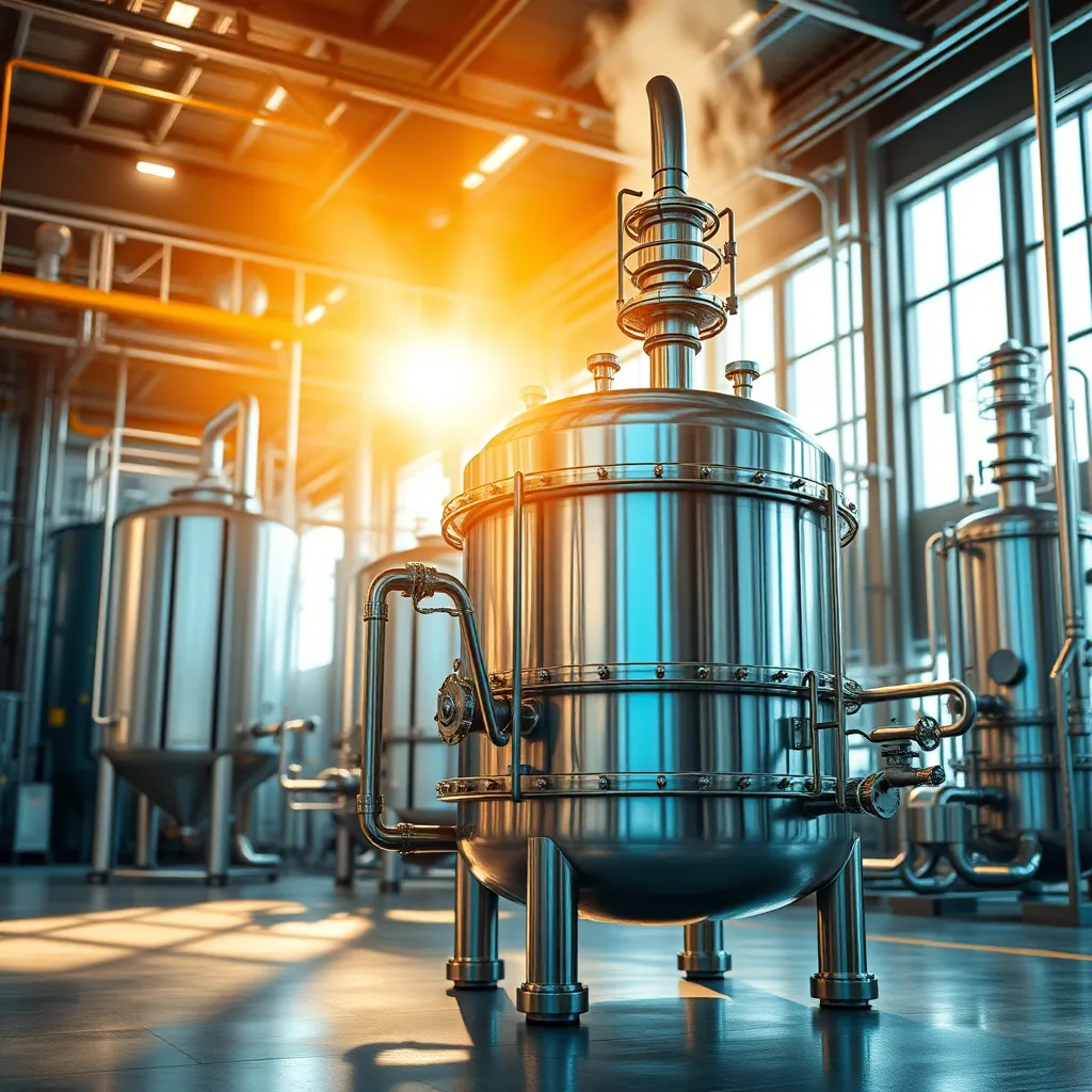 Generate a photorealistic, ultra-high quality header image (8K resolution, hyperrealistic) depicting a modern, high-tech industrial facility bathed in warm, natural light. The focus should be on a gleaming, stainless-steel glasslined reactor with intricate piping and valves, showcasing its robust construction. The reactor should be strategically positioned against a backdrop of other equipment like a receiver tank and distillation columns, emphasizing the comprehensive nature of GLASSKEM's offerings. Use a dynamic composition that emphasizes depth and scale, with the reactor prominently featured in the foreground. Incorporate subtle, atmospheric haze to add a sense of grandeur. The color palette should be clean and modern, with metallic accents and a hint of vibrant blue to represent innovation and reliability. Capture the image from a low angle, showcasing the reactor's imposing presence. The overall mood should exude confidence, precision, and technological prowess, reflecting GLASSKEM's commitment to quality and excellence., ultra high resolution, photorealistic, 8K, hyperdetailed, cinematic lighting