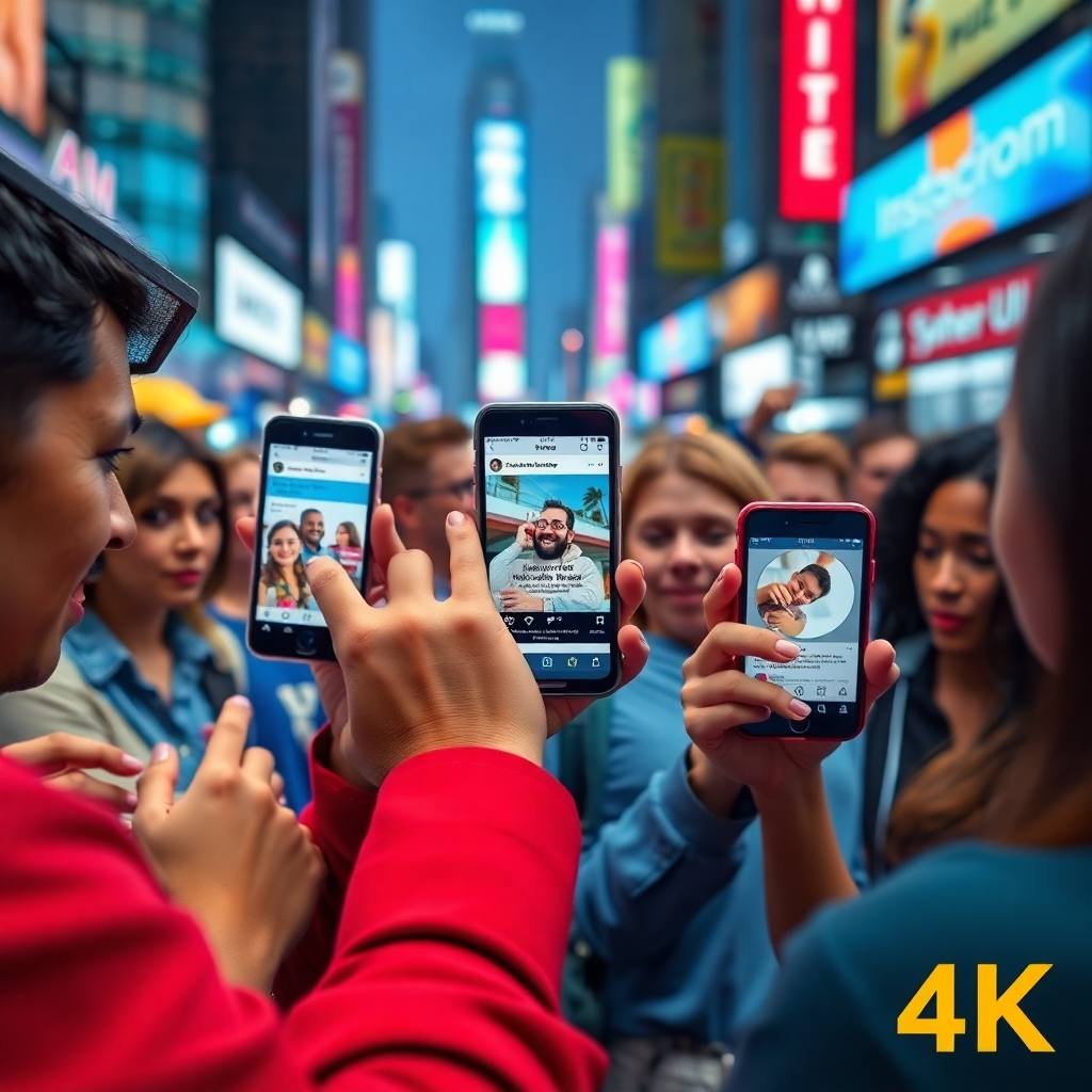 A 4K image depicting a group of diverse people interacting with social media platforms (Facebook, Instagram, Twitter) on their smartphones. Overlaid on the smartphones are HVAC-related images and messages. The background is a vibrant and colorful city scene. The lighting is bright and energetic, emphasizing the engagement and connectivity of social media. Camera angle: A wide shot, highlighting the diversity of the audience. Style reference: Social media advertising. Texture: Smooth and engaging.