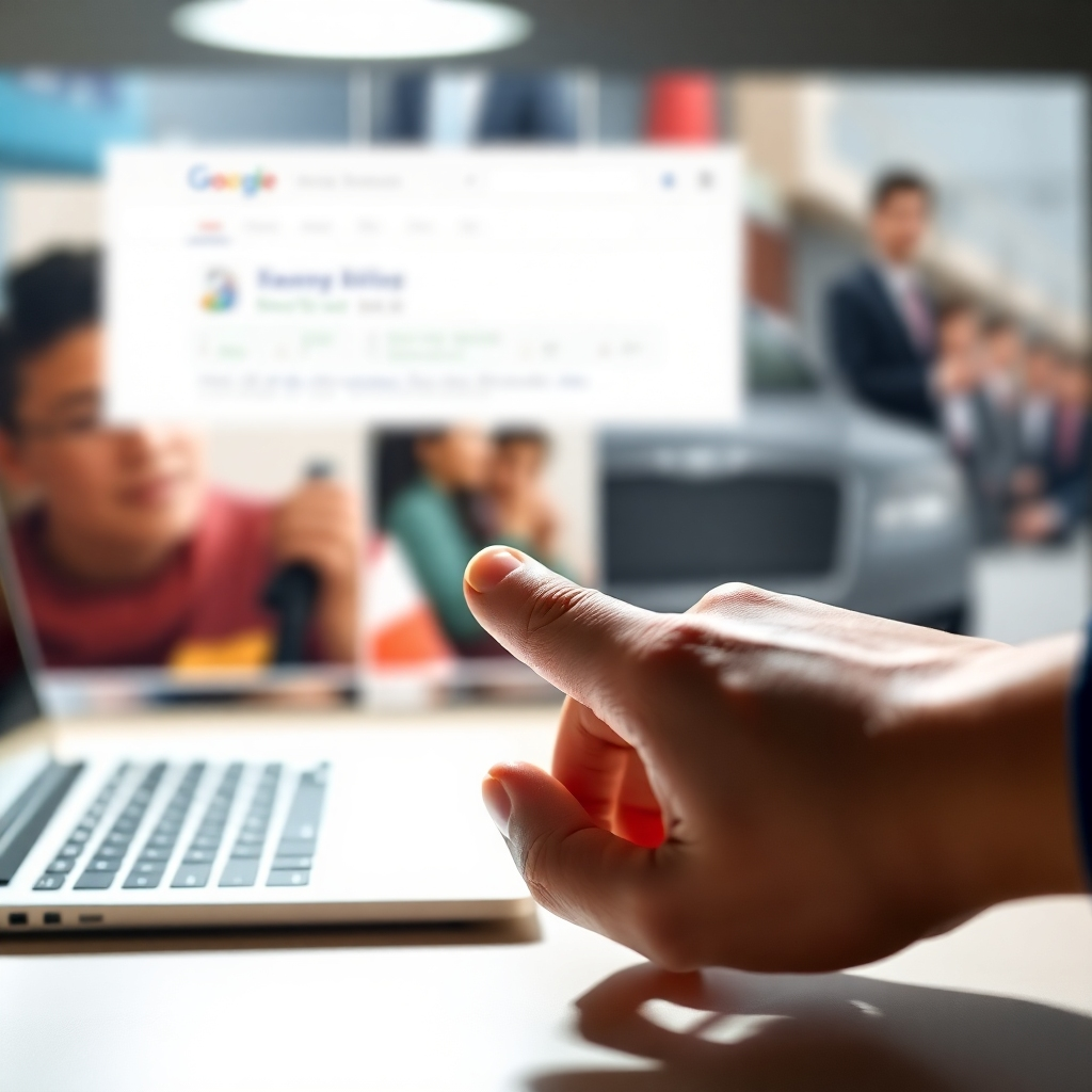 A 4K image depicting a hand clicking on a Google Ad, which leads to a landing page for an HVAC company. The background is a blurred image of potential customers searching for HVAC services online. The lighting is focused and intense, emphasizing the effectiveness of PPC advertising. Camera angle: A close-up, highlighting the click and the landing page. Style reference: Online advertising. Texture: Sharp and modern.