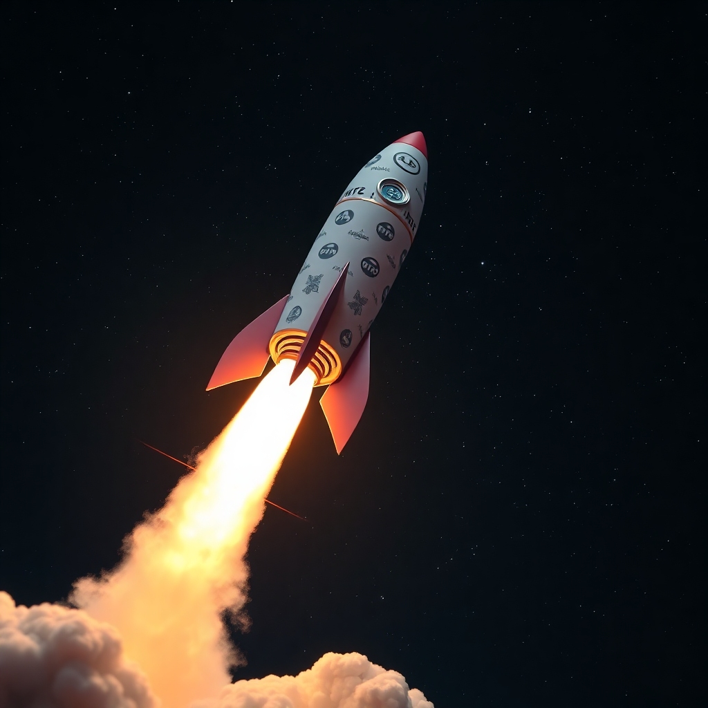 A 4K image depicting a rocket ship launching into the sky, representing the upward trajectory of a website's search engine ranking. The rocket ship is decorated with HVAC-related icons. The background is a starry night sky. The lighting is dramatic and inspiring. Camera angle: A low-angle shot, emphasizing the height of the launch. Style reference: Space exploration imagery. Texture: Smooth and dynamic.