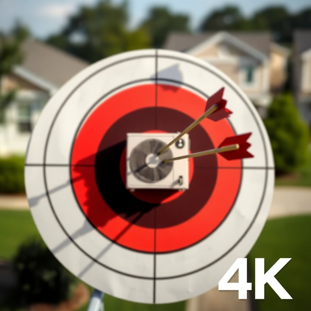 A 4K image depicting a target with an HVAC unit in the bullseye. Arrows representing targeted ads are hitting the target with precision. The background is a blurred image of a suburban neighborhood. The lighting is focused and intense, emphasizing the accuracy of targeted advertising. Camera angle: A close-up, highlighting the impact of the arrows. Style reference: Modern advertising graphics. Texture: Sharp and defined.