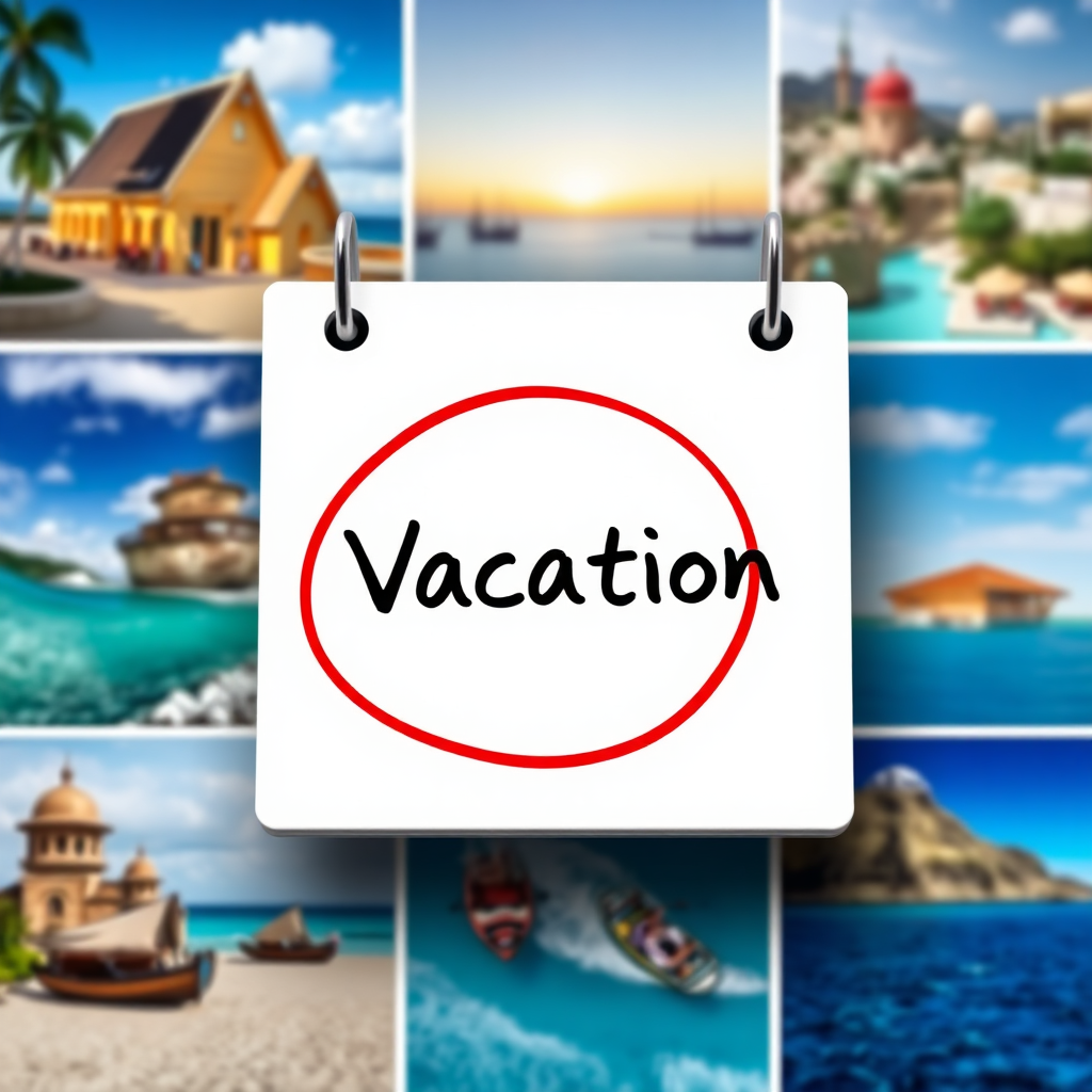 A calendar with a circled date marked 'Vacation'. The background should show images of various travel destinations and activities. This image highlights the anticipation and excitement of planning a vacation. Style reference: Travel and promotional advertising. Technical specs: 4K resolution, photorealistic.