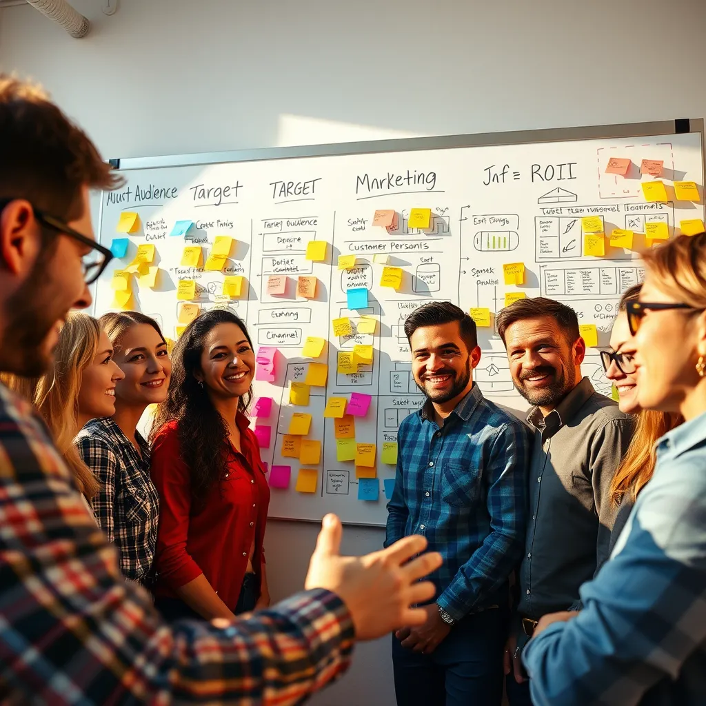 A close-up shot of a marketing team brainstorming around a large whiteboard covered in colorful sticky notes, charts, and diagrams. The lighting is bright and natural, casting warm shadows. The whiteboard is filled with words like "target audience," "customer personas," "marketing channels," and "ROI."  The team is diverse, composed of professionals from different backgrounds. The overall mood is optimistic and collaborative, with a sense of innovation and energy. The image should be ultra-high resolution, with a photorealistic style inspired by the work of Annie Leibovitz. The focus should be on the team's faces and expressions, conveying their enthusiasm and expertise.