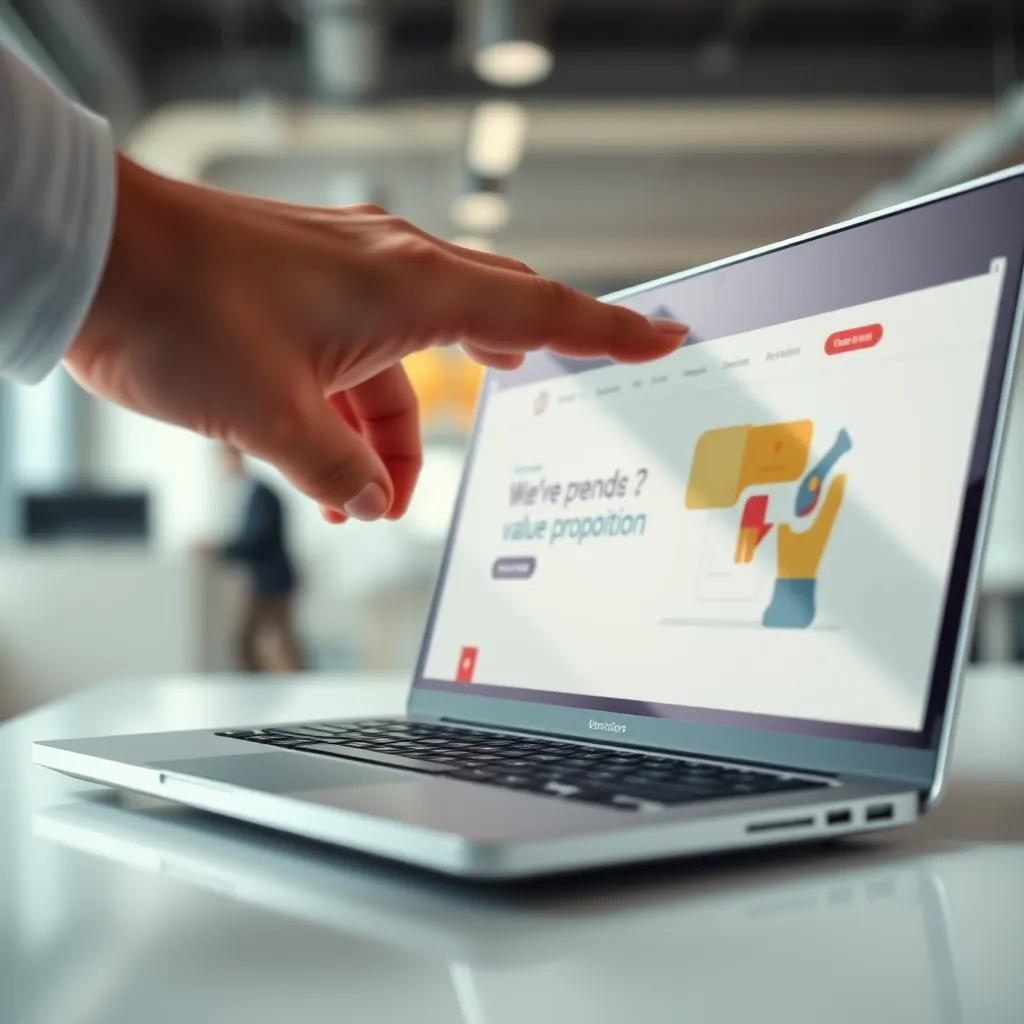 A close-up view of a hand hovering over a laptop screen, showcasing a sleek, modern website design. The background is blurred, suggesting a busy office environment. The website design is visually appealing and user-friendly, with clear calls to action and a focus on showcasing the brand's value proposition. The lighting is soft and diffused, creating a professional and polished aesthetic. The image should have a minimalist style, with a focus on clean lines and strong visual hierarchy. The color palette should be bold and eye-catching, with a subtle gradient effect to enhance depth and dimension. The image should be rendered in ultra-high resolution, with a hyperrealistic style that emphasizes the details of the website design and the texture of the laptop screen.