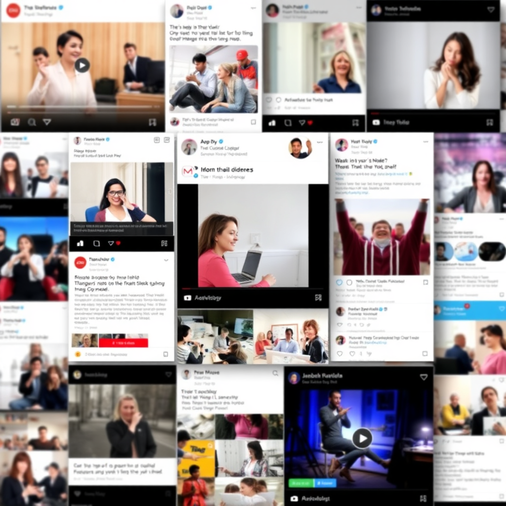 A collage of engaging social media posts, including videos, images, and text. The posts are visually appealing and relevant to the target audience. The background is a vibrant social media feed. The style should be modern, social, and engaging.