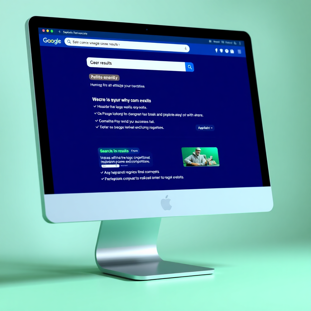 A computer screen displays search results page, with the client's website prominently featured at the top, outranking competitors. Other competitors websites should be below. Focus on the visual representation of success and competitive advantage. The color palette should be clean and modern, using blues, greens, and whites. Style reference: Competitive advantage, search result rankings. Technical specs: 4K resolution, photorealistic.