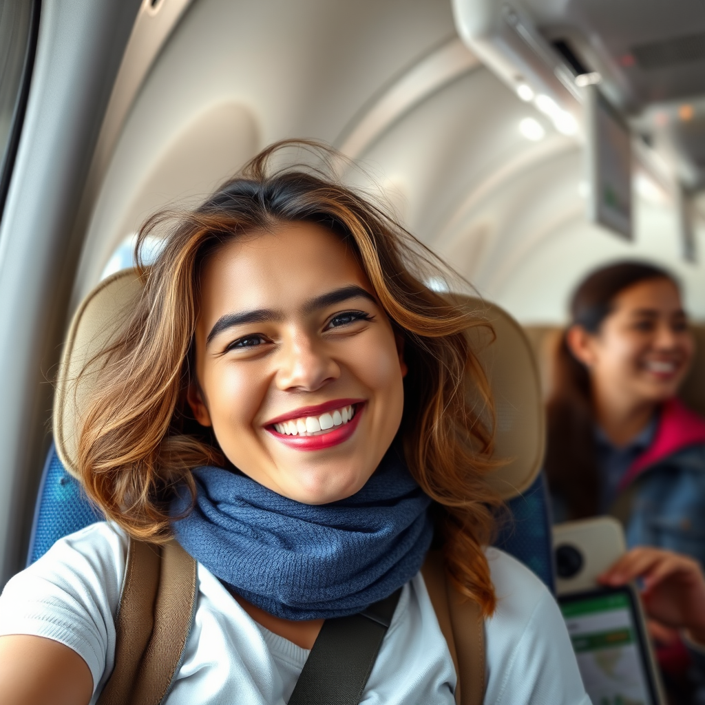 A customer smiling while enjoying a travel experience, showcasing the brand logo subtly. The scene is authentic and memorable. The style should be positive and brand-aligned.