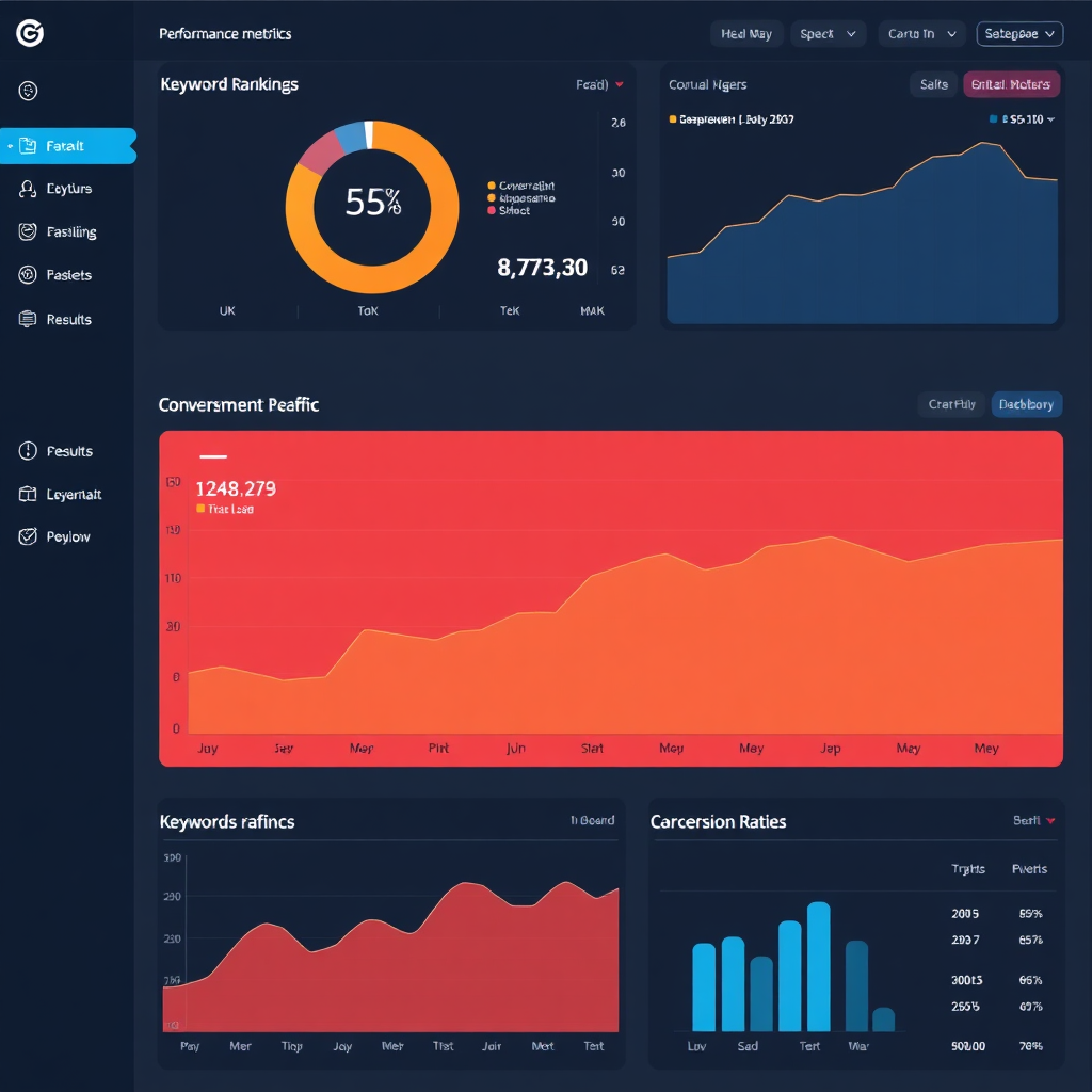 A dashboard displaying SEO performance metrics, including keyword rankings, website traffic, and conversion rates. The dashboard is visually appealing and easy to understand. The style should be modern, data-driven, and results-oriented.
