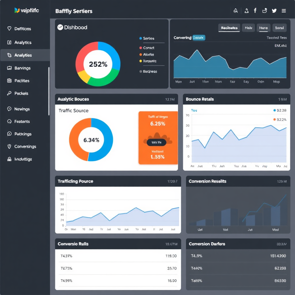 A dashboard displaying website analytics, including traffic sources, bounce rates, and conversion rates. The dashboard is visually appealing and easy to understand. The style should be modern, data-driven, and results-oriented.