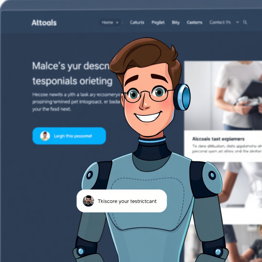 A friendly, professional-looking AI avatar bot on a website, engaging with a customer in a chat window. The background is a modern website design. The style should be approachable, tech-forward, and helpful.