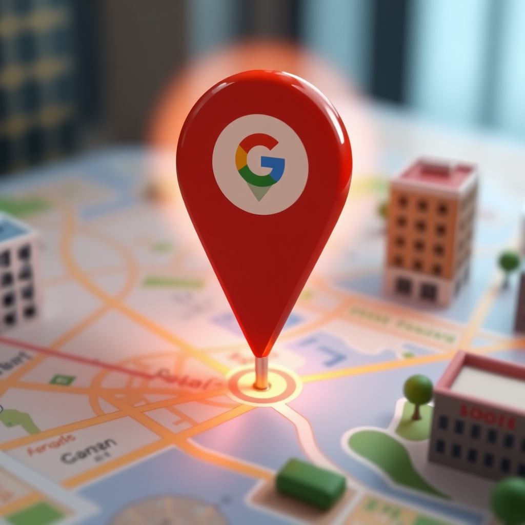 A glowing pin marker on a digital map, representing a Google Business Profile. The pin marker is surrounded by a halo of light, attracting attention. The map is detailed and realistic, with stylized buildings and streets.
