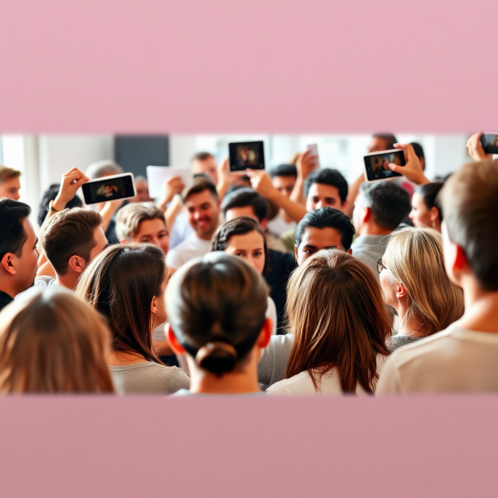 A group of people interacting with a brand's social media page, sharing comments and liking posts. The community is vibrant and engaged. The style should be social, authentic, and community-driven.