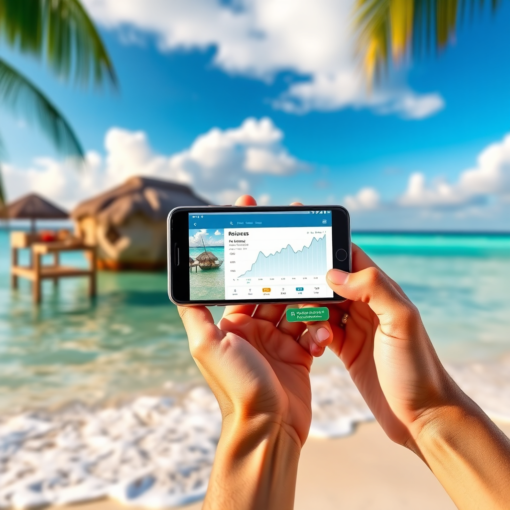 A hand holding a smartphone showing website analytics alongside a beach vacation photo. This image represents the combination of business success and relaxation. Use warm and inviting colors to emphasize the enjoyment and fun. Style reference: Combining business and leisure. Technical specs: 4K resolution, photorealistic.
