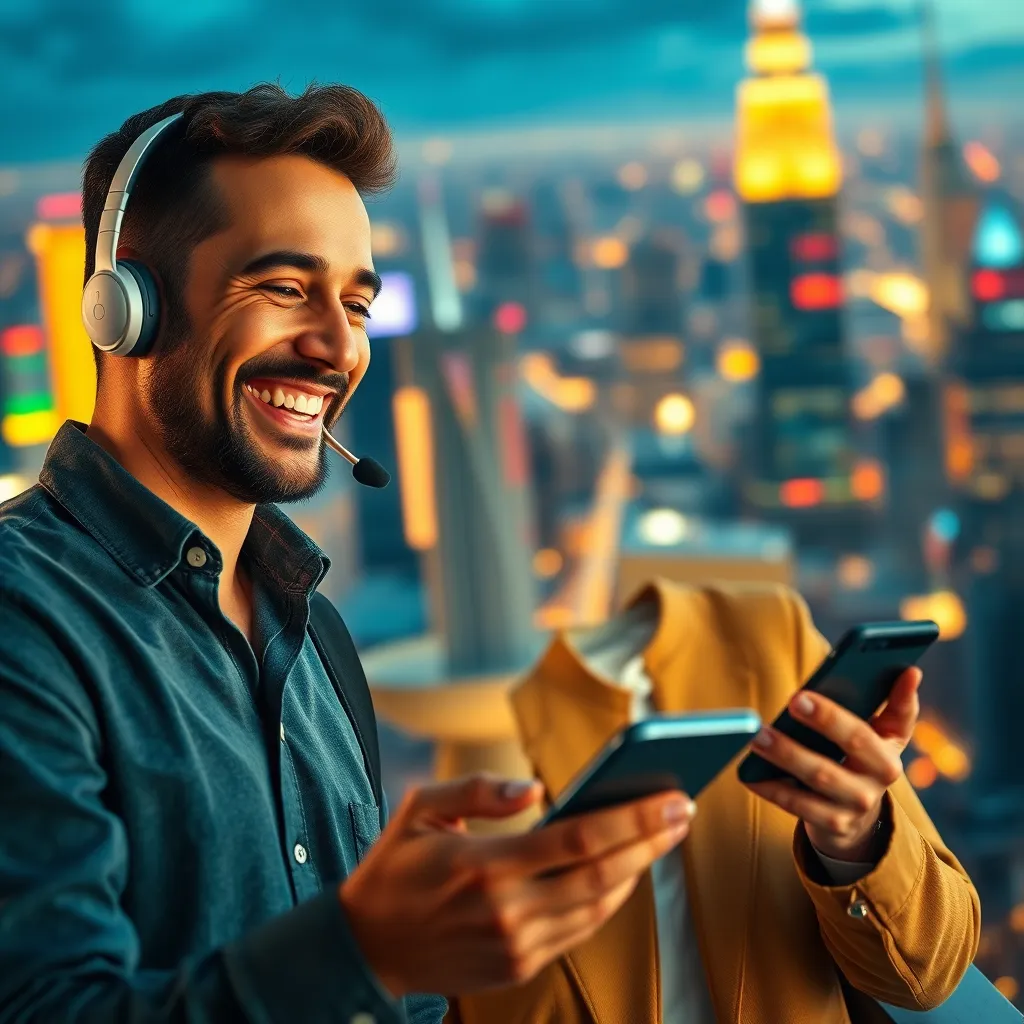 A happy customer smiling and interacting with a friendly customer service representative on a smartphone. The background should be a colorful and vibrant cityscape, symbolizing the vast customer base and the potential for growth through loyal relationships.