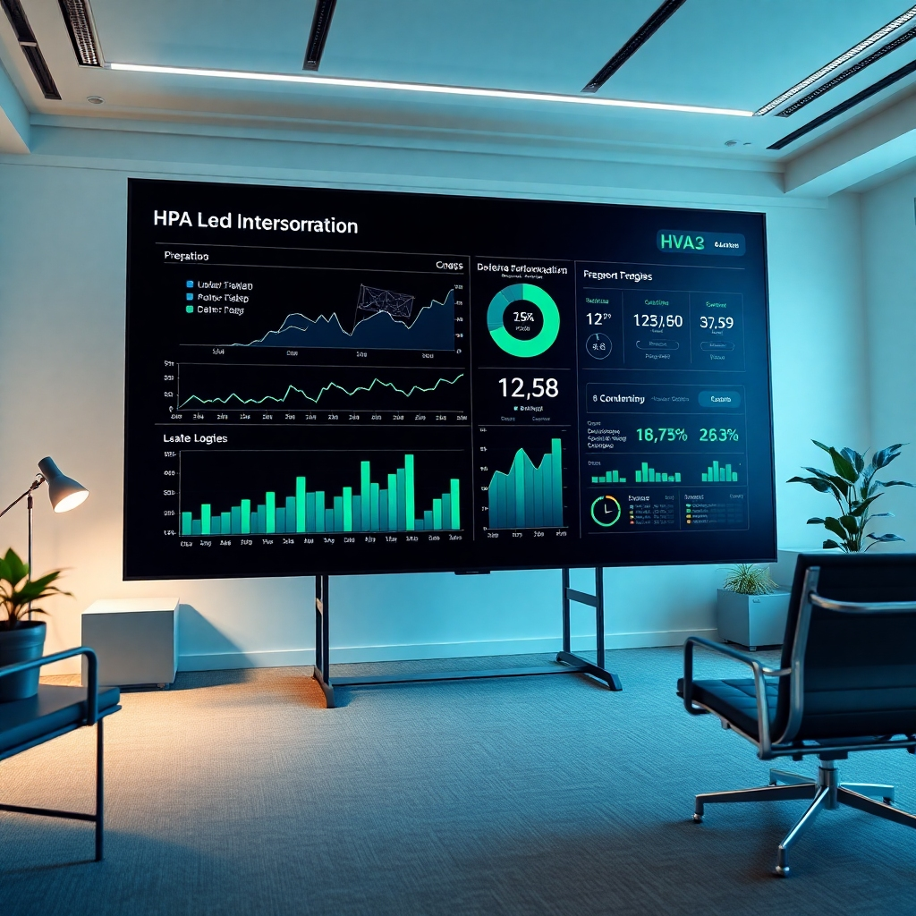 A hyperrealistic, ultra-high definition (8K) image of a large interactive screen displaying key performance indicators (KPIs) related to HVAC lead generation. The screen showcases dynamic graphs and charts in a sleek, modern interface. The room is a high-tech, modern office with soft, ambient lighting. The color palette consists of a clean mix of blues and greens to reflect technological advancement and growth. The scene is captured from a low angle, emphasizing the scale and impact of the data displayed on the screen. The camera perspective enhances the sense of depth and immersion. The style references the minimalist and data-driven aesthetic often found in Apple presentations. Texture details include the smooth glass surface of the screen, the subtle texture of the carpet, and the metallic finish of the office furniture. Environmental elements include a clean, clutter-free workspace and modern technological equipment. Props include minimalist furniture and a few office plants. The mood should convey confidence, precision, and data-driven success.