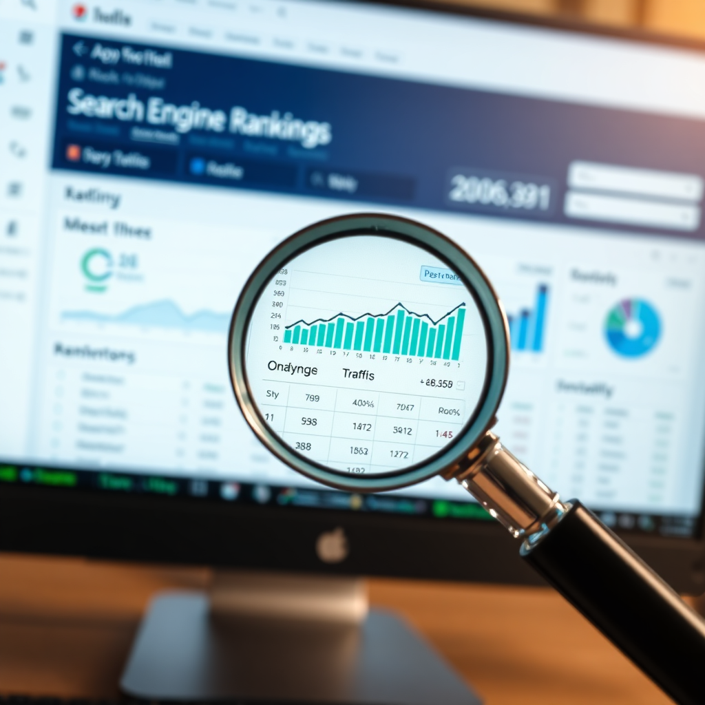 A magnifying glass hovering over a computer screen displaying website analytics. Highlight the sections showing search engine rankings and organic traffic data. The screen should be crisp and clear, with easily readable information. The color palette should be professional and informative, using blues, greens, and grays. Focus on conveying a sense of thoroughness and insight. Style reference: Professional, data-driven report visual. Technical specs: 4K resolution, photorealistic.
