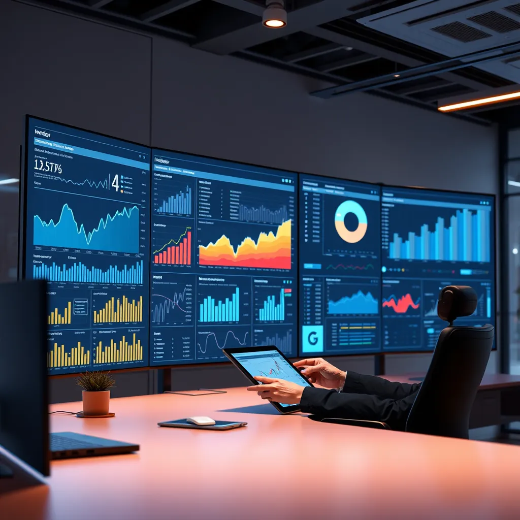 A modern workspace with a large screen displaying graphs and charts, showcasing data visualizations and insights. A person is using a tablet to analyze the data. Use clean lines, a sleek design, and a futuristic aesthetic to represent technology and innovation.