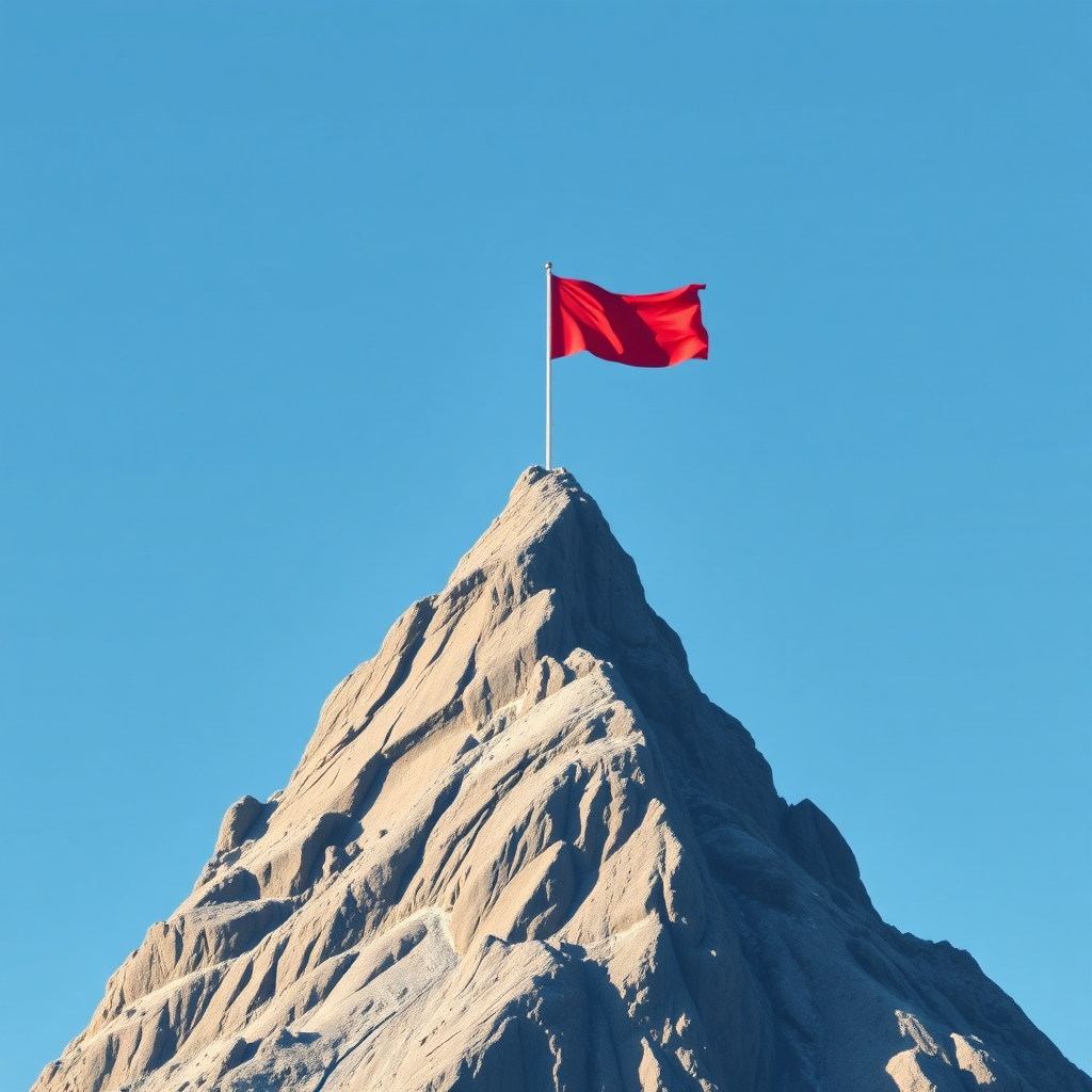 A mountain peak with a flag planted at the top, symbolizing keyword domination. The sky is clear and blue, representing success and achievement. The style should be aspirational and triumphant.
