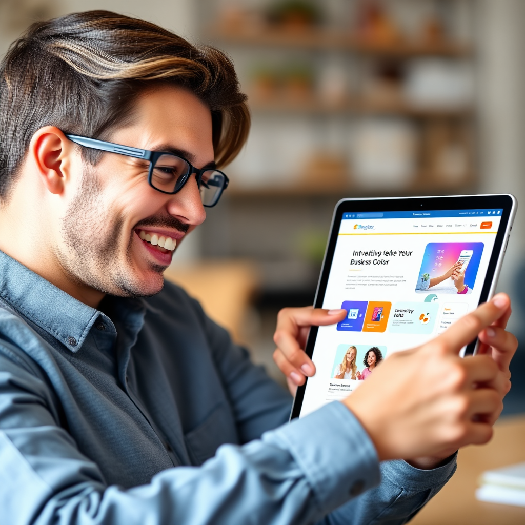 A person smiling while interacting with a website on a tablet. The website features clean lines, vibrant colors, and intuitive navigation. The style should be modern, user-friendly, and engaging.