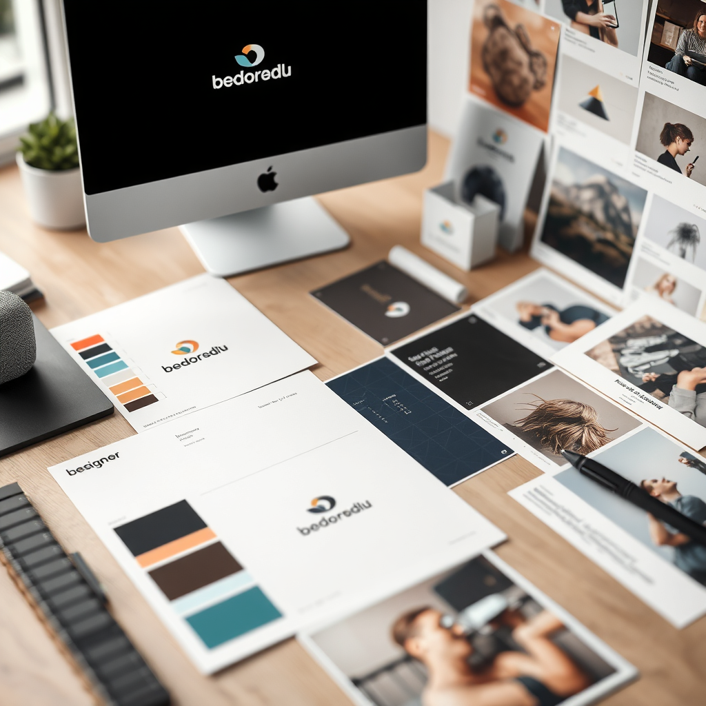 A photorealistic, close-up shot of a designer's workspace featuring various elements of a brand's visual identity such as a logo design, color palette samples, typography choices, and imagery. The workspace is well-organized and aesthetically pleasing.