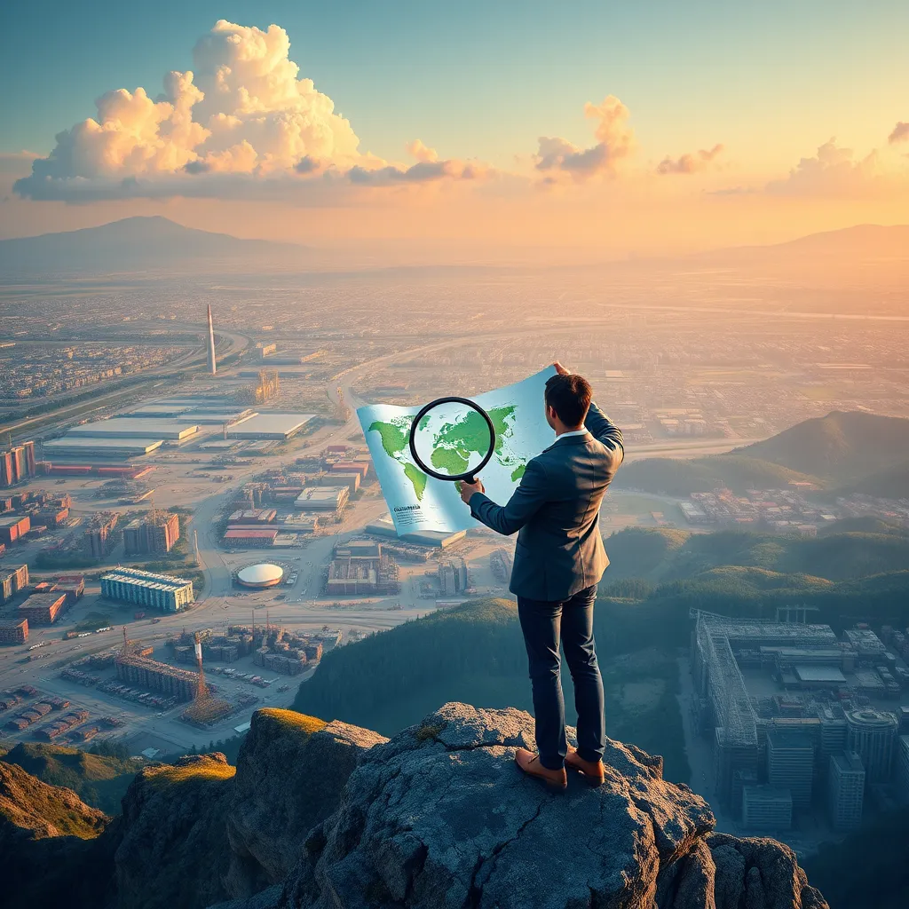 A photorealistic illustration of a businessperson standing on a mountaintop overlooking a vast, diverse landscape with various buildings, factories, and markets representing different sectors. The person is holding a map with a magnifying glass highlighting a specific region, symbolizing identifying new markets.
