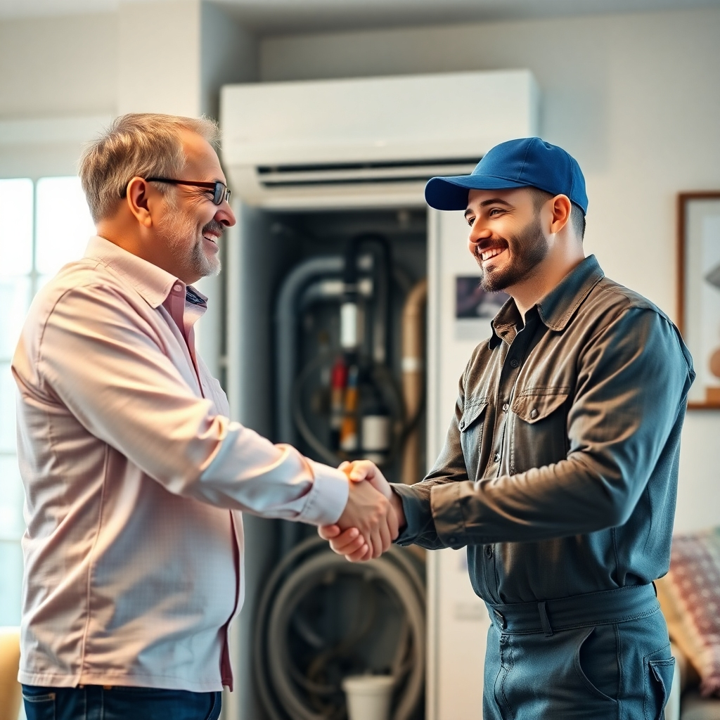 A photorealistic image depicting a happy customer shaking hands with a friendly HVAC technician, with a clean and well-maintained HVAC system in the background. The setting should be a brightly lit, comfortable home environment, highlighting trust and positive customer interactions.