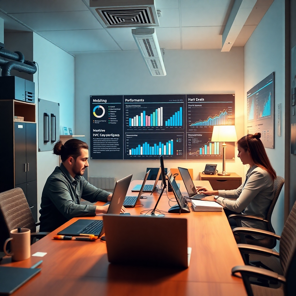 A photorealistic image of a clean and organized HVAC company office. A team of professionals is collaboratively working on laptops and tablets, efficiently managing leads and closing deals.  A digital dashboard shows a streamlined workflow and positive key performance indicators.