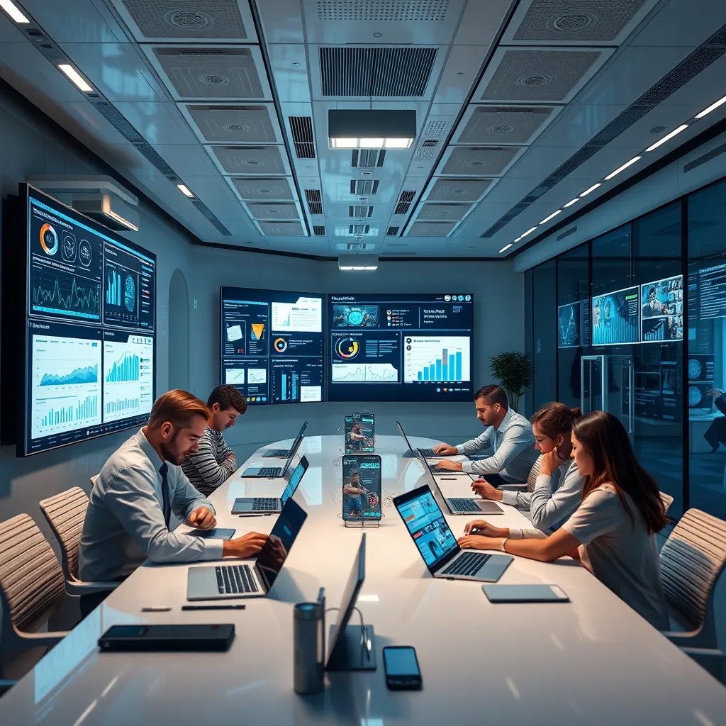A photorealistic image of a futuristic, sleek office space with a team working on laptops and smartphones. They are surrounded by interactive screens displaying data analytics, social media feeds, and marketing campaigns. The scene portrays the seamless integration of technology and digital marketing strategies.