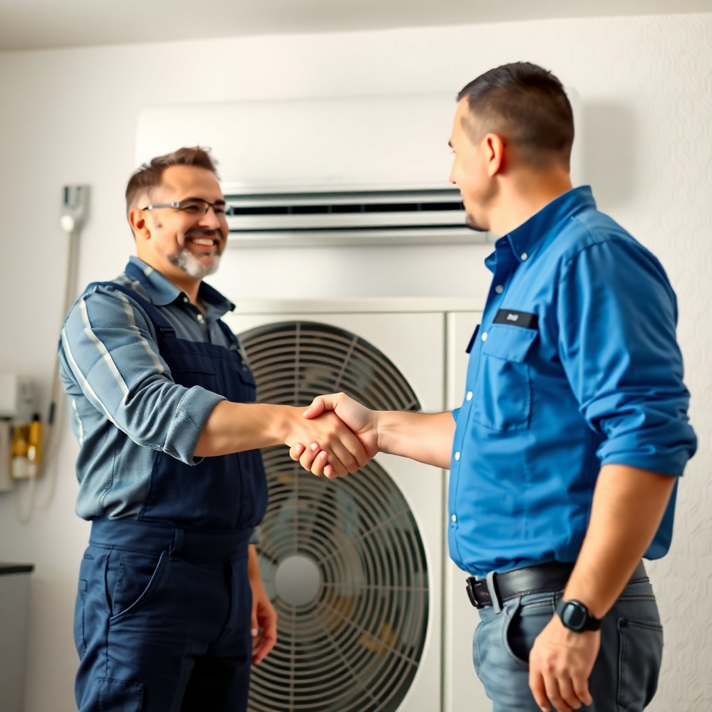 A photorealistic image of a happy customer shaking hands with an HVAC technician in front of a newly installed air conditioning unit, with a graph showing upward sales trend in the background. The scene should be bright and professionally lit, conveying trust and success.