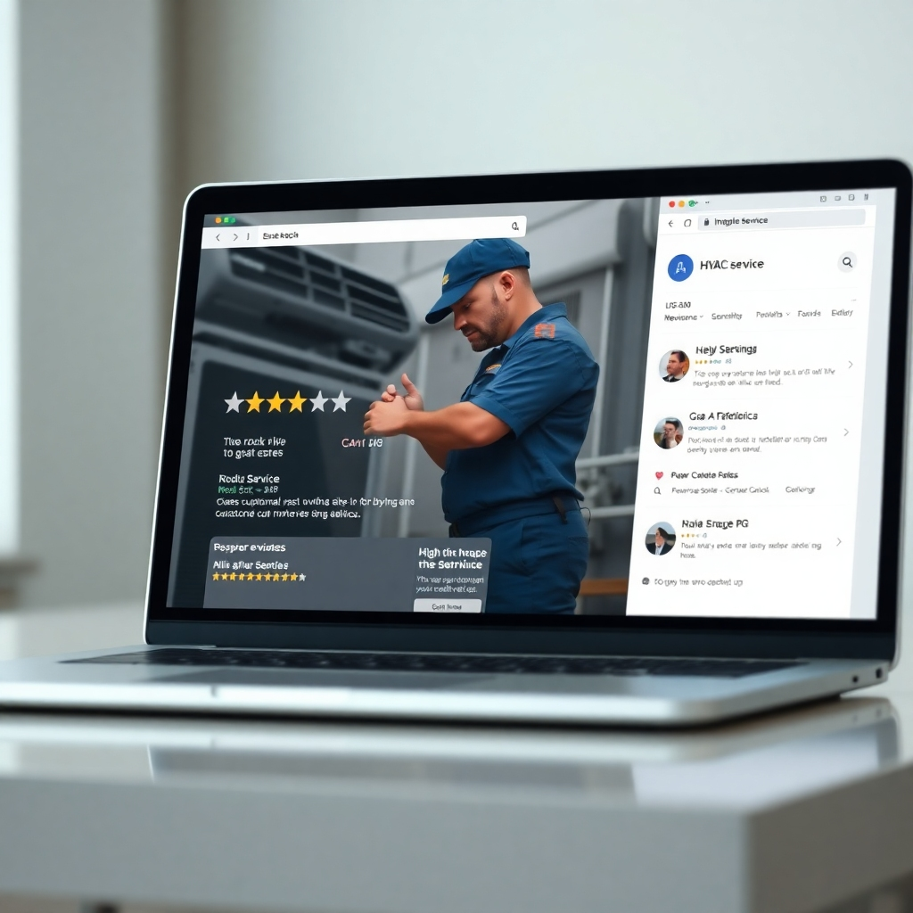 A photorealistic image of a laptop displaying a well-designed HVAC service ad on a search engine results page (SERP), with positive customer reviews and high click-through rate metrics visible. The background should subtly include a technician in uniform working on an air conditioning unit, showcasing professionalism and quality service.