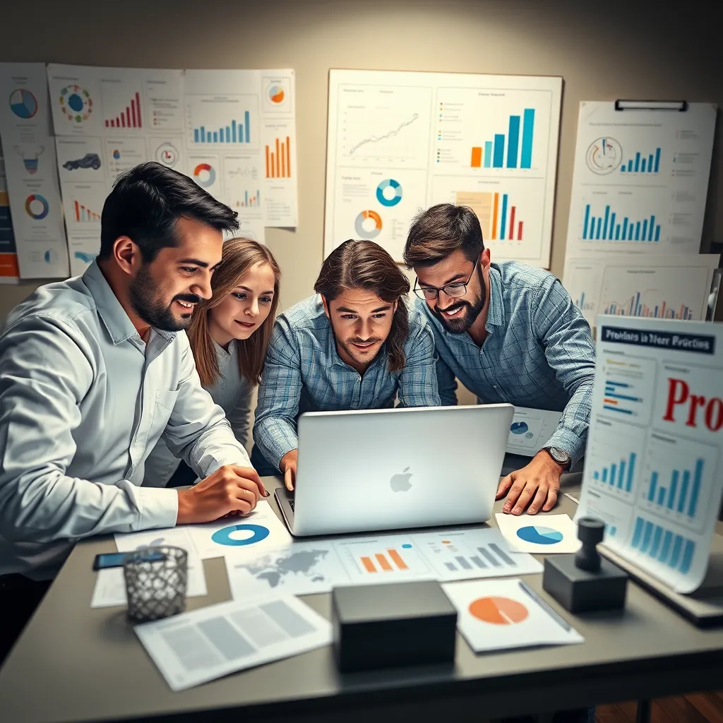 A photorealistic image of a team of professionals working on a laptop, surrounded by various product prototypes, charts, and data visualizations. They are brainstorming and collaborating to improve existing products and services, with a focus on user experience and innovation.