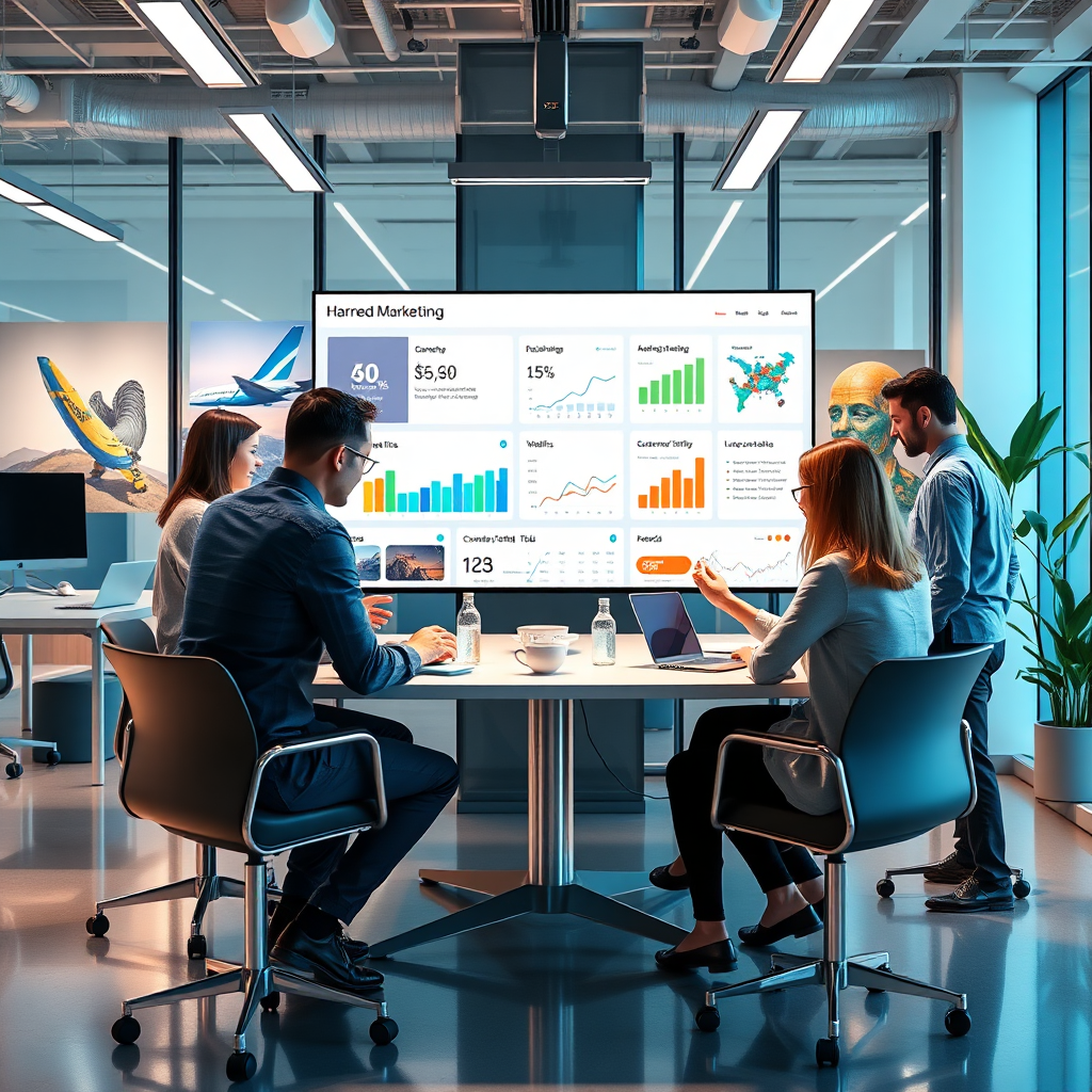 A photorealistic image representing Harned Marketing's mission. It depicts a modern office space with a diverse team collaborating around a large interactive screen displaying a dynamic marketing dashboard. The dashboard visualizes SEO performance, social media engagement, website traffic, and customer analytics. In the background, subtle imagery hints at travel destinations and reward programs. The lighting is bright and professional, with a focus on highlighting the team's energy and the clarity of the data. The color palette is clean and modern, with accents of blue, green, and orange. The camera angle is a medium shot, capturing the collaborative atmosphere and the technology in use. Style references: Emulate a modern tech startup environment with an emphasis on data-driven decision-making. Technical specs: 4K resolution, high quality rendering with realistic textures and lighting.