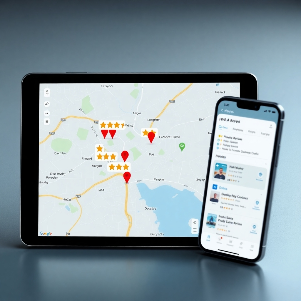 A photorealistic image showing a map interface with multiple high-star customer reviews pinpointed on a map for an HVAC company's location. The map should be displayed on a tablet, with a phone showing an online search result of the same HVAC company on the side. This would highlight online presence and positive reviews contributing to lead generation.