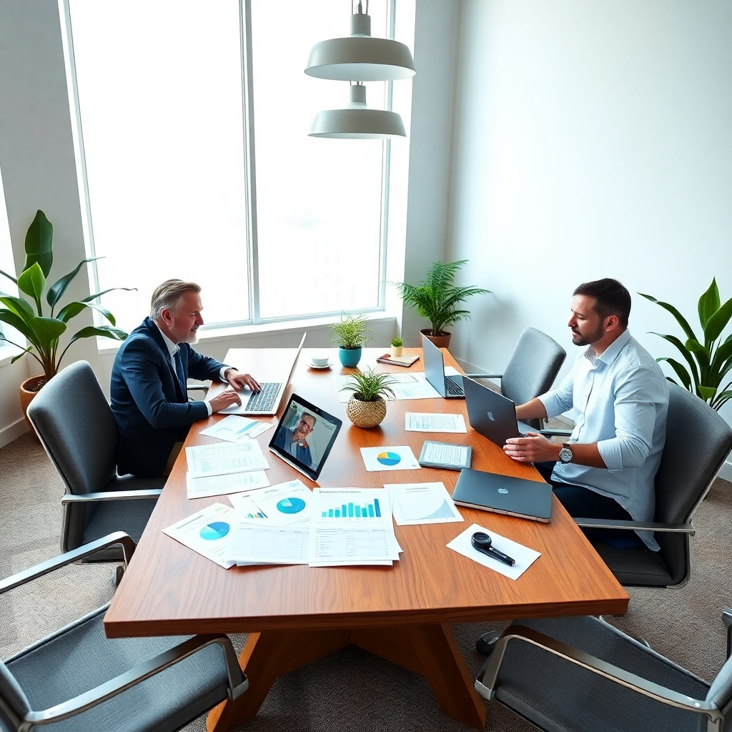 A photorealistic, ultra-detailed image (8K resolution) showcasing a collaborative meeting between an HVAC business owner and an HVAC Momentum Leads marketing specialist.  The setting is a modern, bright office with large windows letting in natural light. The lighting is soft and even, creating a comfortable and productive atmosphere. The color palette consists of calming blues and greens, accented by pops of the HVAC Momentum Leads brand color. The camera angle is slightly elevated, showing the team interacting around a large table strewn with marketing materials, laptops, and data visualizations. The texture of the wood table, the soft fabric of the chairs, and the smooth surfaces of the laptops are meticulously detailed. The style is clean, sharp, and modern, resembling the work of Annie Leibovitz.  Environmental elements include strategically placed plants and stylish office decor. Props include data charts showing lead generation growth, custom marketing plans, and branded stationery. The overall mood is one of confidence, collaboration, and innovation.