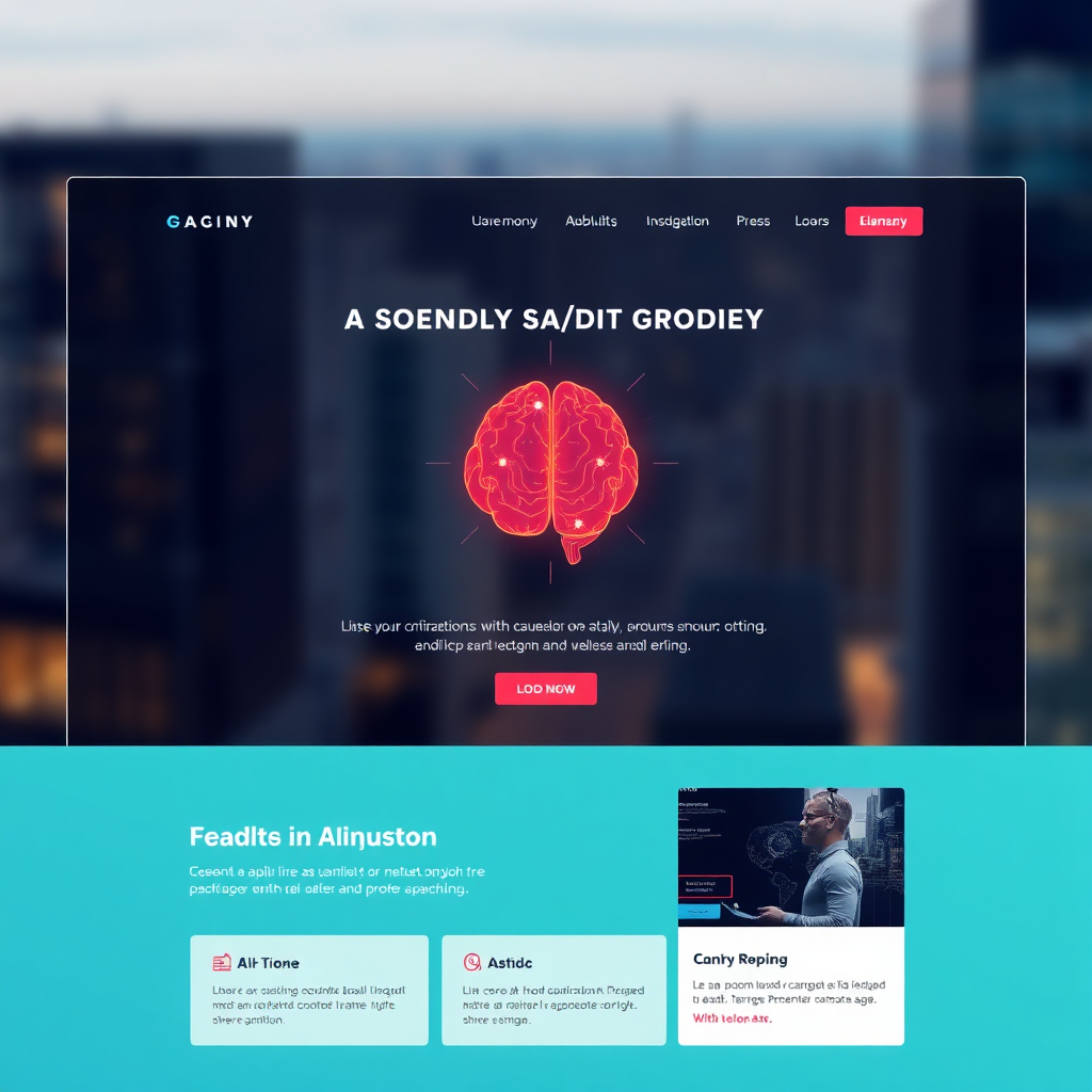 A sleek, modern website interface with an AI brain graphic subtly integrated into the design. The website features clean lines, vibrant colors, and intuitive navigation. The background is a blurred cityscape, representing the global reach of the website.