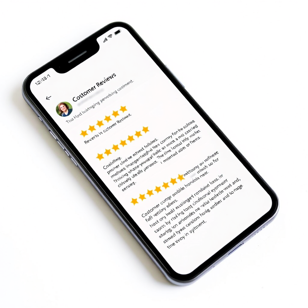 A smartphone displaying positive customer reviews for a local business. The reviews are displayed prominently on the screen with star ratings and comments highlighting the quality of the business's products or services.